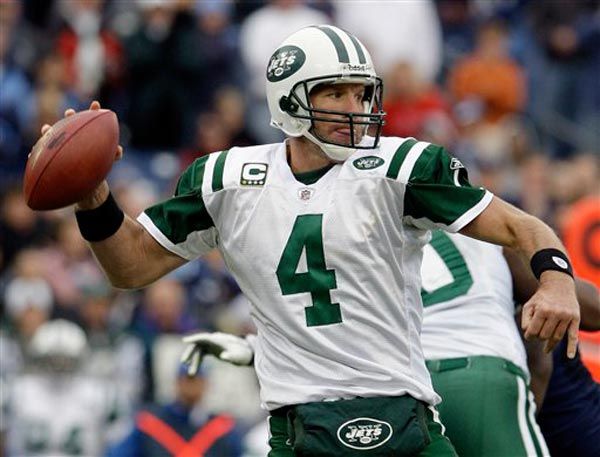 New York Jets quarterback Brett Favre passes against the Tennessee Titans in the fourth quarter of an NFL football game in Nashville, Tenn., Sunday, Nov. 23, 2008. Favre passed for 224 yards and two touchdowns.